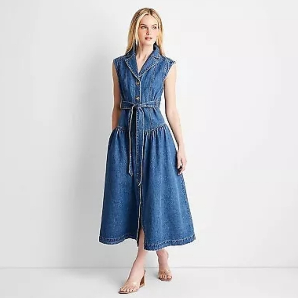Womens Sleeveless Denim Button Front Midi Dress Size 14- Future Collecti…